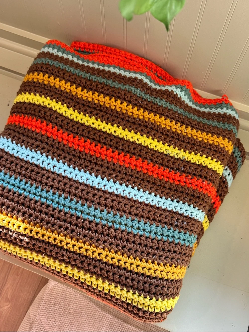Handmade Brown Multicolor Striped Crochet Throw Blanket